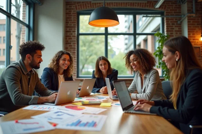 Équipe marketing diversifiée collaborant autour d'une table avec des moodboards et des données analytiques pour une stratégie 2024