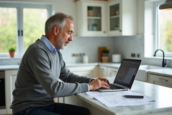 Propriétaire utilisant un outil d'estimation immobilière gratuite en ligne depuis sa cuisine