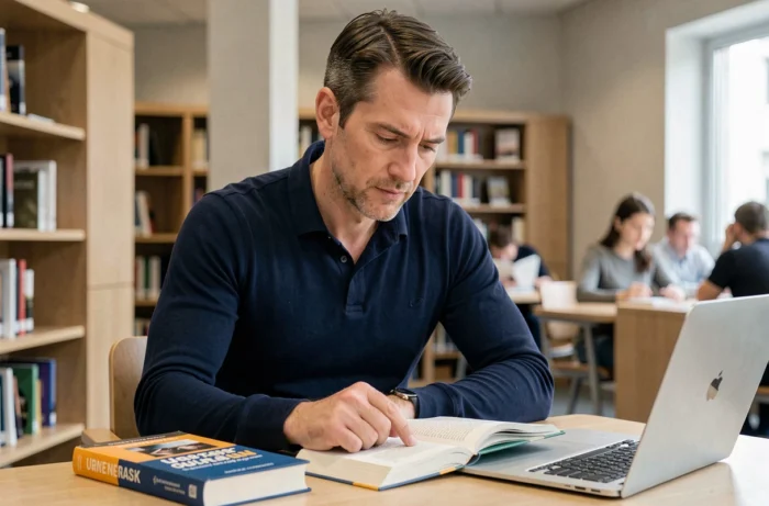 Homme adulte étudiant une grammaire française dans une bibliothèque moderne, cherchant la bonne formulation d'une question