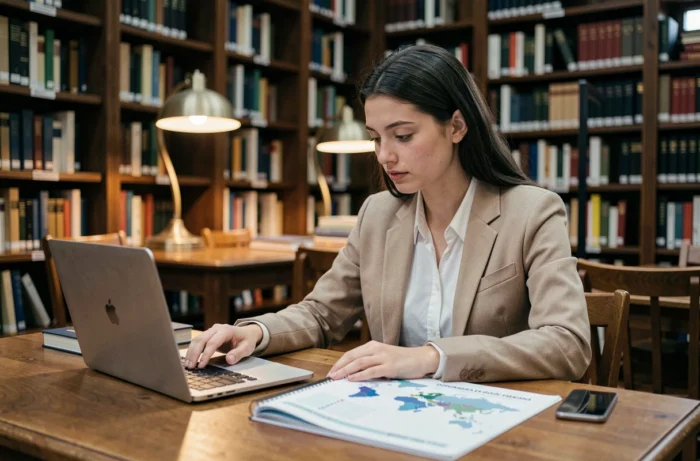 Jeune femme étudiant un rapport sur le classement de la richesse des nations dans une bibliothèque universitaire