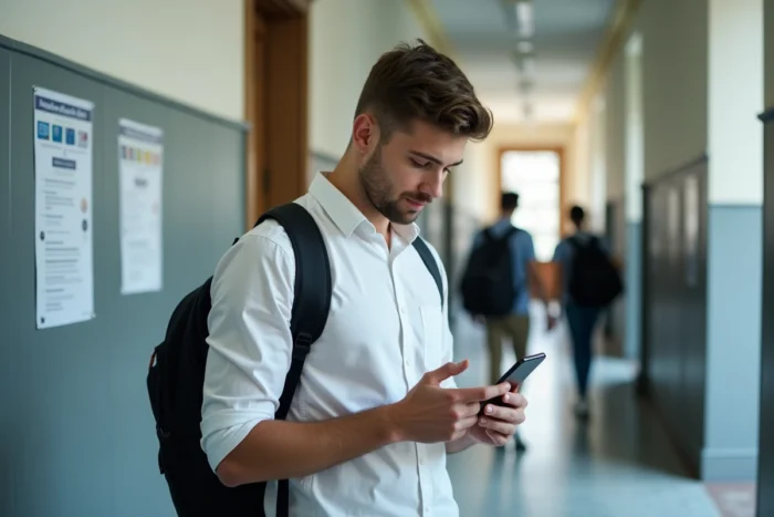 Étudiant consultant le portail eCandidat Paris 13 sur son smartphone dans un couloir universitaire