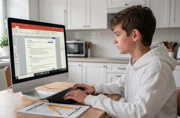 Étudiant utilisant Word Online gratuitement depuis un navigateur web sur un ordinateur de bureau à la maison