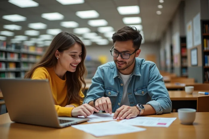 Deux étudiants préparant ensemble leur dossier de candidature eCandidat à la bibliothèque universitaire