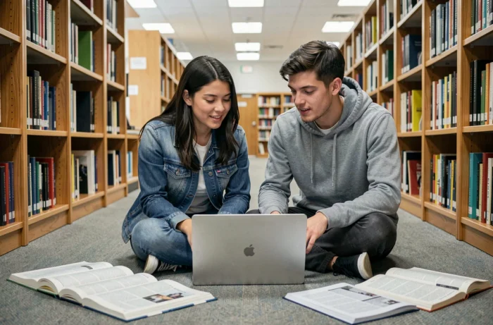 Deux étudiants collaborant sur un ordinateur portable pour trouver des réponses dans une bibliothèque universitaire