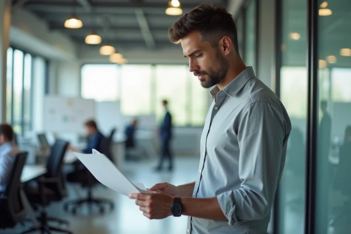 Homme en costume décontracté examinant un rapport imprimé dans un bureau professionnel, symbolisant l'évaluation critique d'un service numérique