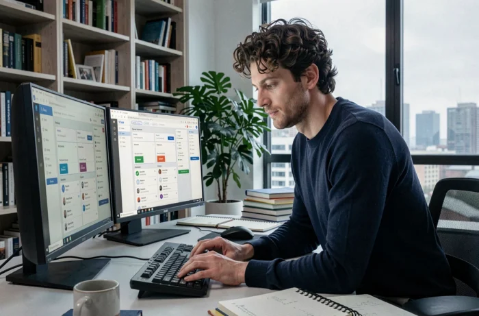 Homme évaluant deux plateformes de services en ligne sur un écran dans un bureau à domicile aménagé