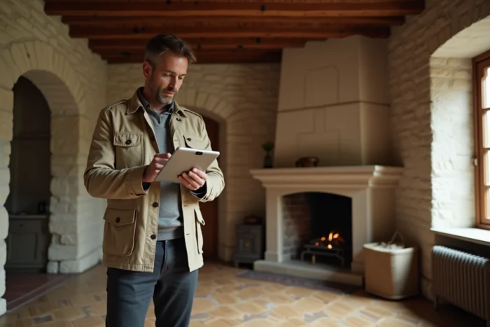 Expert immobilier certifié réalisant une estimation payante dans une maison ancienne avec des outils professionnels