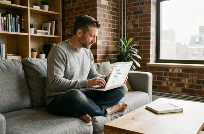 Homme explorant l'architecture et les pages d'un site professionnel depuis son bureau à domicile avec un laptop