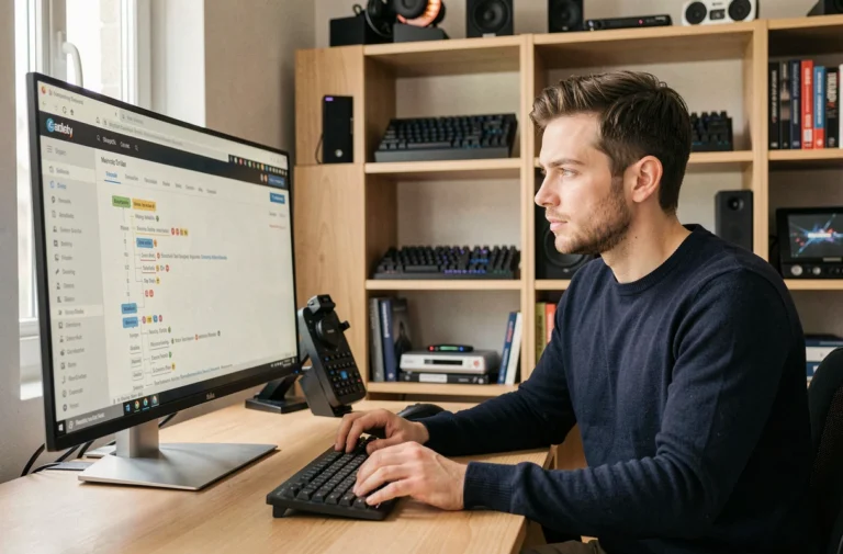 Homme explorant le plan du site d'un blog high-tech sur un grand écran ultrawide dans un bureau moderne