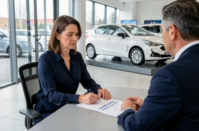 Une femme signe des documents pour l'achat d'une voiture d'occasion dans une salle de concessionnaire moderne