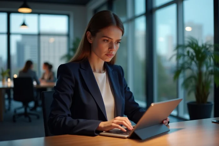 Femme professionnelle consultant les actualités du jour sur une tablette dans un bureau moderne