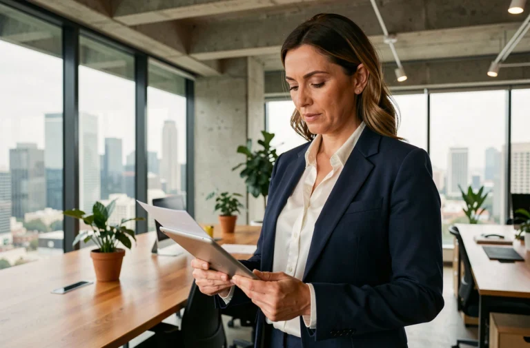 Femme d'affaires professionnelle consultant une tablette dans un bureau moderne avec vue sur la ville, illustrant les tendances business 2024