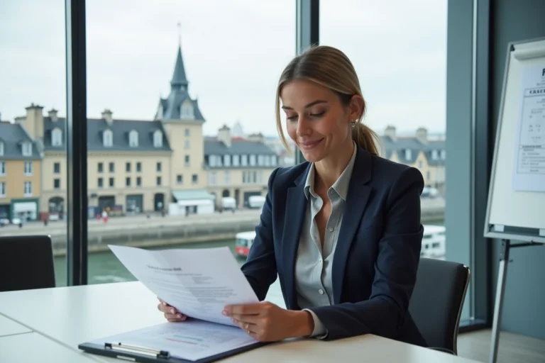 Femme d'affaires en Normandie consultant des rapports économiques dans un bureau moderne avec vue sur la ville