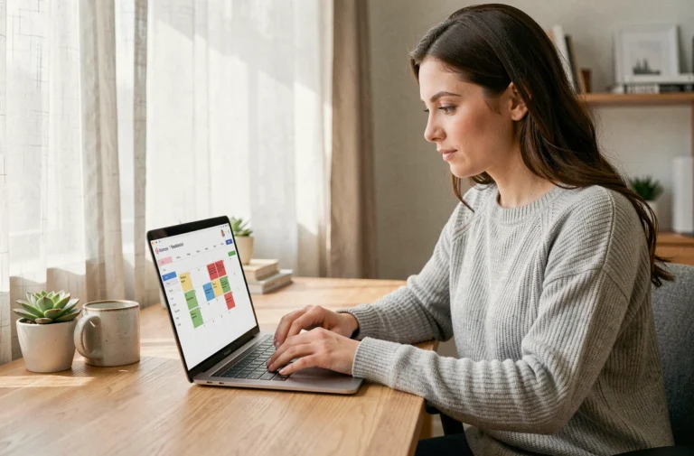 Femme utilisant un agenda en ligne sur son ordinateur portable dans un bureau à domicile minimaliste