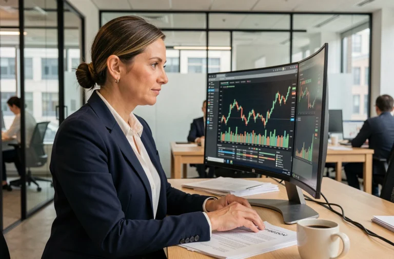 Femme professionnelle analysant des tendances financières sur un écran dans un bureau moderne