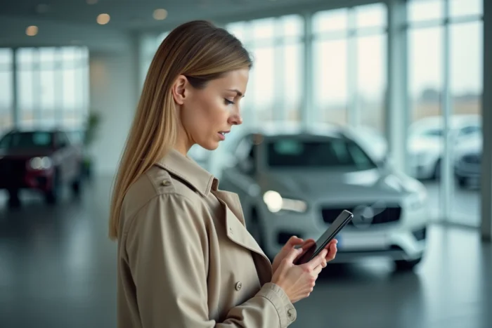 Femme vérifiant les avis en ligne sur son smartphone dans un showroom automobile