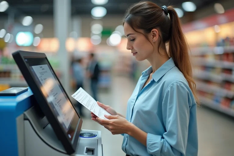 Femme utilisant une borne d'impression libre-service dans un supermarché Leclerc pour imprimer un document