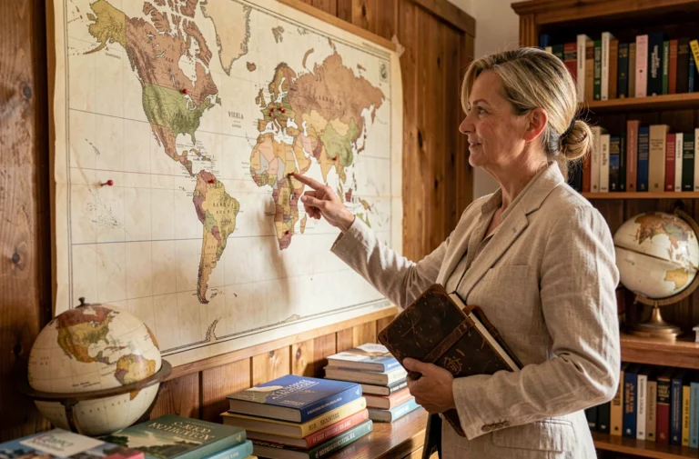 Femme devant une carte du monde ancienne pointant des capitales commençant par A lors d'un voyage autour du monde