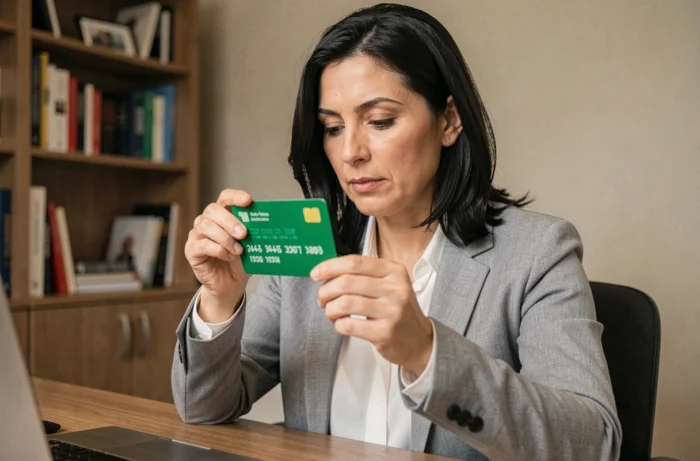Femme tenant une carte verte d'assurance auto et lisant le numéro de contrat à son bureau