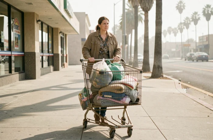 Femme poussant un chariot de supermarché chargé d'affaires personnelles sur un trottoir de Los Angeles, atmosphère documentaire
