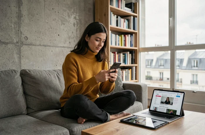 Jeune femme consultant l'actualité française sur smartphone dans un appartement parisien contemporain