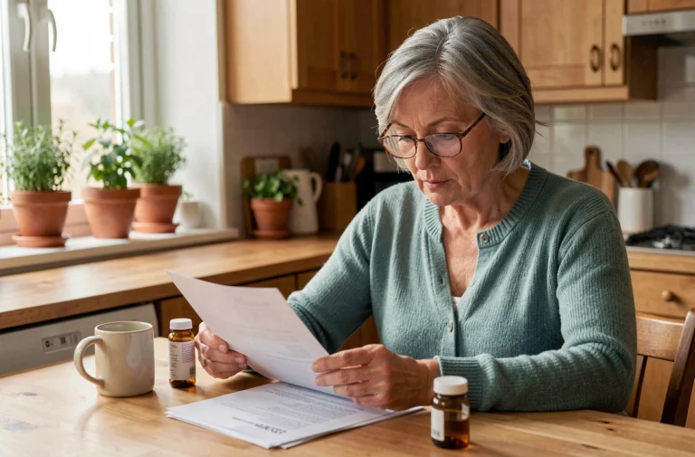 Femme d'une cinquantaine d'années consultant des documents de mutuelle santé à la table de sa cuisine, avec une ordonnance médicale posée à côté