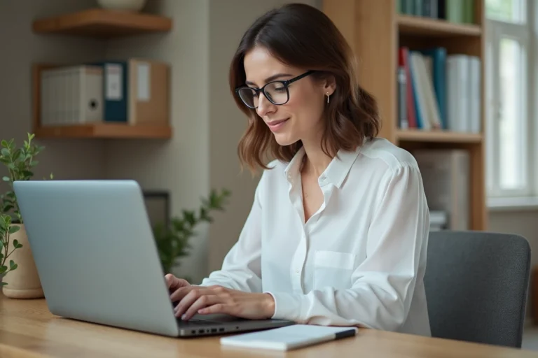 Femme consultant le plan du site France Médicale sur un ordinateur portable dans un bureau moderne