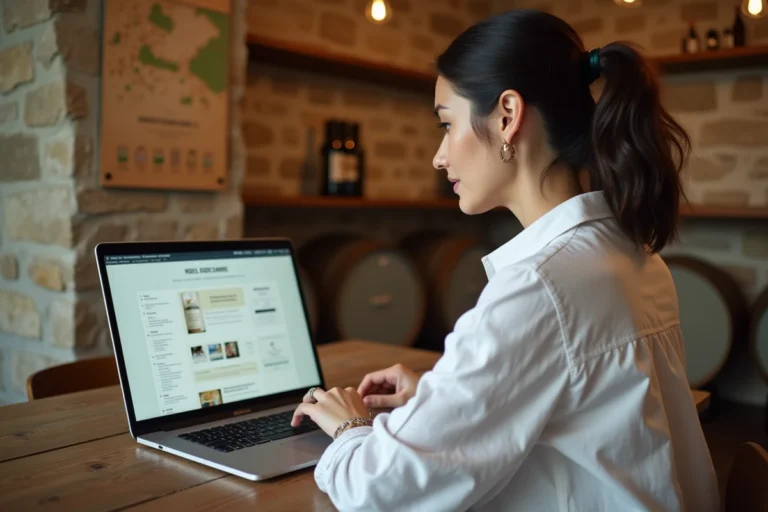 Femme consultant le sitemap d'un site viticole sur un ordinateur portable dans un bureau de cave en pierre
