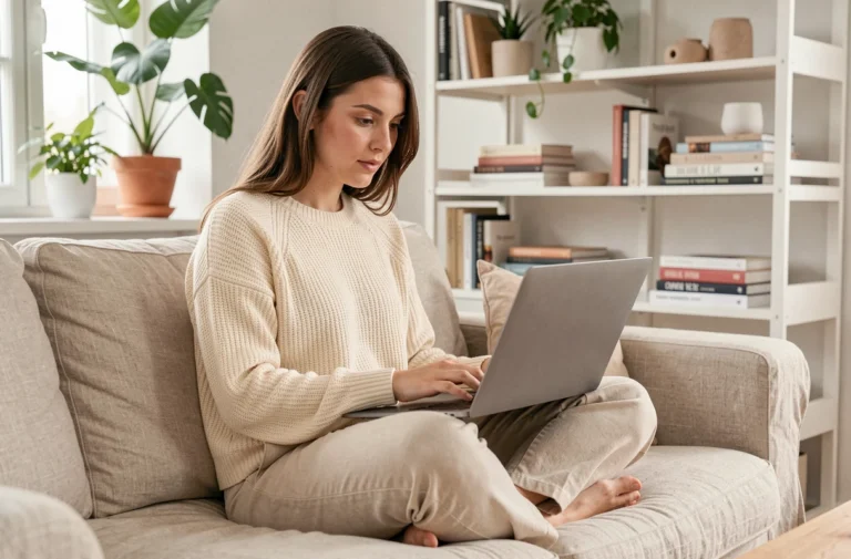 Jeune femme explorant un site lifestyle inspirant sur son ordinateur portable dans un salon scandinave décoré avec soin