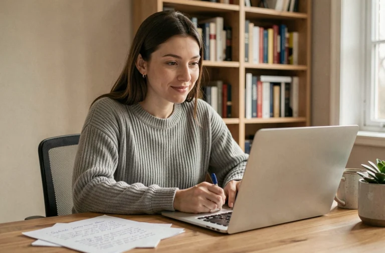 Femme concentrée suivant une formation digitale en ligne depuis son bureau à domicile avec des notes manuscrites et un ordinateur portable