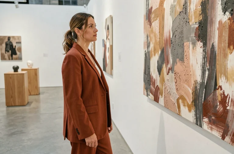 Femme élégante contemplant une œuvre d'art dans une galerie contemporaine, tendances culturelles 2024