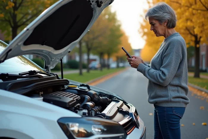 Femme inspectant le moteur d'une Volkswagen Polo suite à l'allumage du voyant EPC dans une rue résidentielle