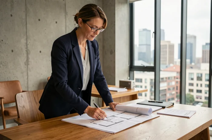 Femme investisseur immobilier analysant des plans de propriété dans un bureau moderne avec vue sur la ville en 2024
