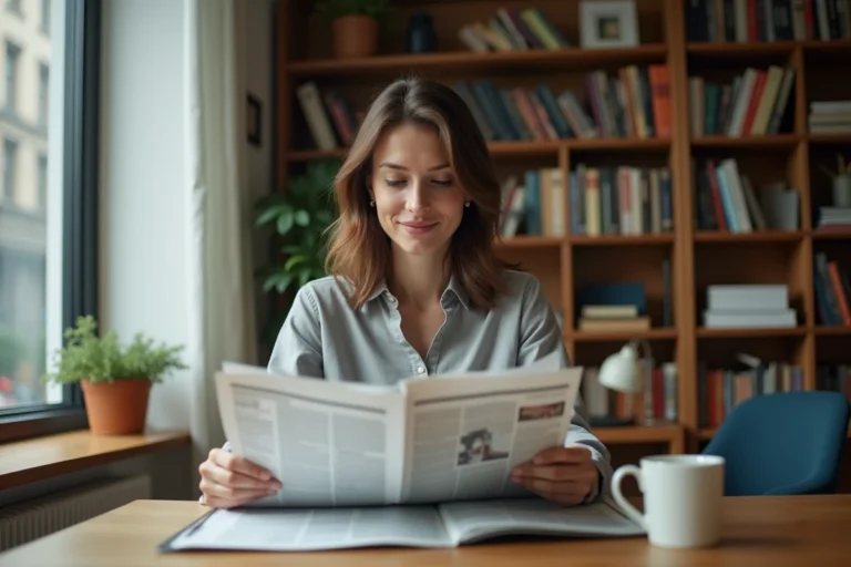 Femme lisant un journal quotidien dans un bureau à domicile, restant informée au quotidien