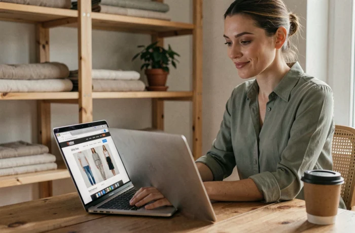 Femme naviguant sur un site de mode éthique depuis un bureau minimaliste en bois avec ordinateur portable