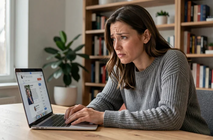 Femme perplexe devant son ordinateur portable essayant d'accéder à un profil Facebook bloqué