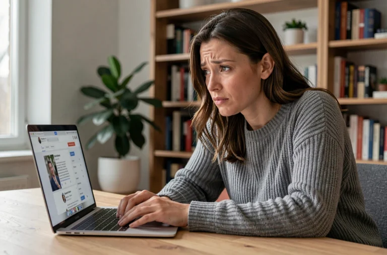 Femme perplexe devant son ordinateur portable essayant d'accéder à un profil Facebook bloqué