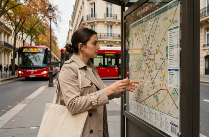Femme consultant le nouveau plan de bus RATP à un arrêt de bus parisien boulevard haussmannien en automne