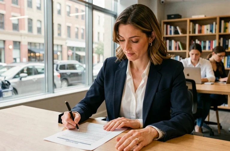 Femme professionnelle analysant son CV sur un bureau en bois dans un espace de coworking moderne pour optimiser sa recherche d'emploi en 2024
