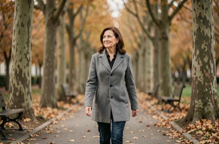 Femme d'âge mûr se promenant sereinement dans un parc automnal, illustrant les bénéfices du bien-être quotidien grâce à la thérapie brève