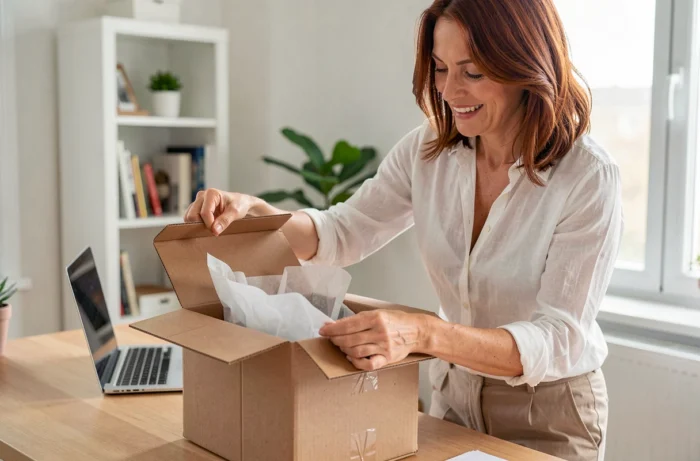 Femme ouvrant un colis livré rapidement dans son bureau à domicile