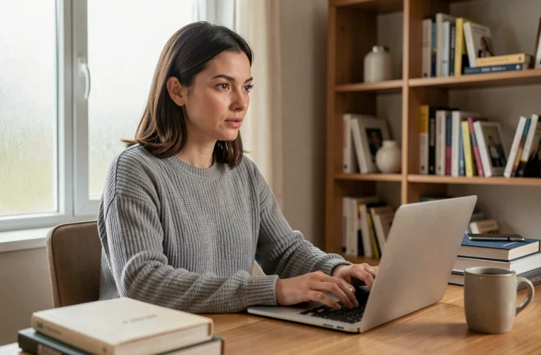 Femme cherchant des réponses en ligne sur son ordinateur portable dans un bureau à domicile moderne