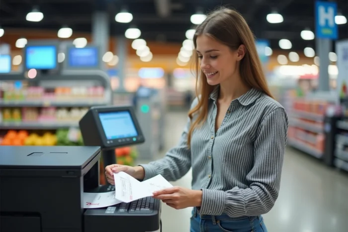 Jeune femme récupérant ses documents imprimés à la borne d'impression d'un supermarché Leclerc