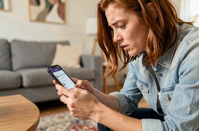 Femme consultant le menu des paramètres d'un téléphone Android dans un salon confortable