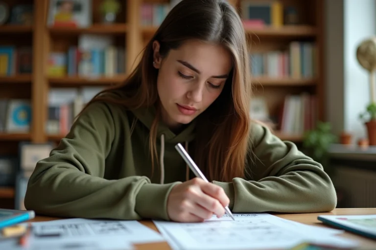 Jeune femme analysant des énigmes de jeu d'évasion sur des notes manuscrites posées sur un bureau en bois