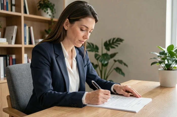 Femme professionnelle révisant son CV à son bureau à domicile pour optimiser sa recherche d'emploi
