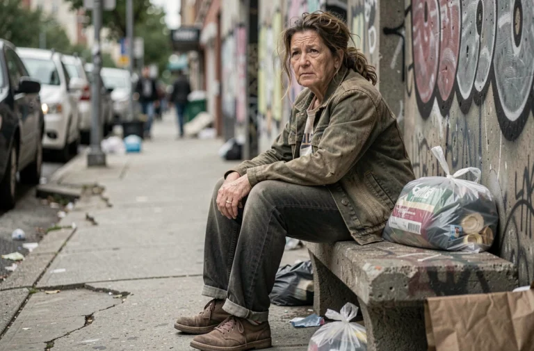 Femme sans abri aux vêtements usés assise sur un banc en béton en milieu urbain, regard pensif et expression digne