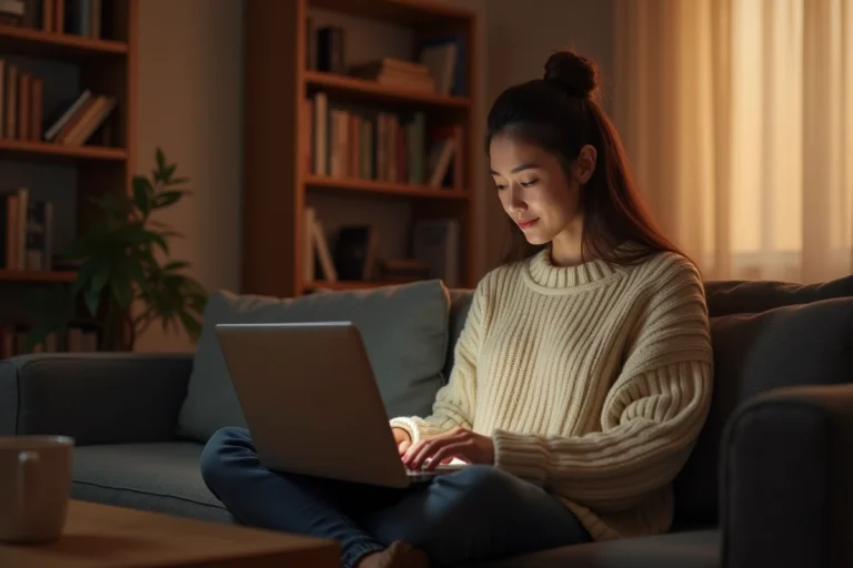 Jeune femme regardant un film en streaming gratuitement sur son ordinateur portable dans un salon cosy