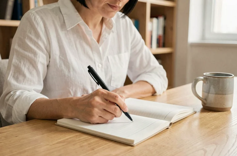 Femme écrivant avec un stylo bille sans bavure dans un carnet sur un bureau en bois