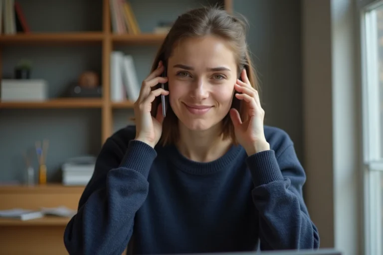 Femme au téléphone avec le service client Ouigo depuis son bureau à domicile